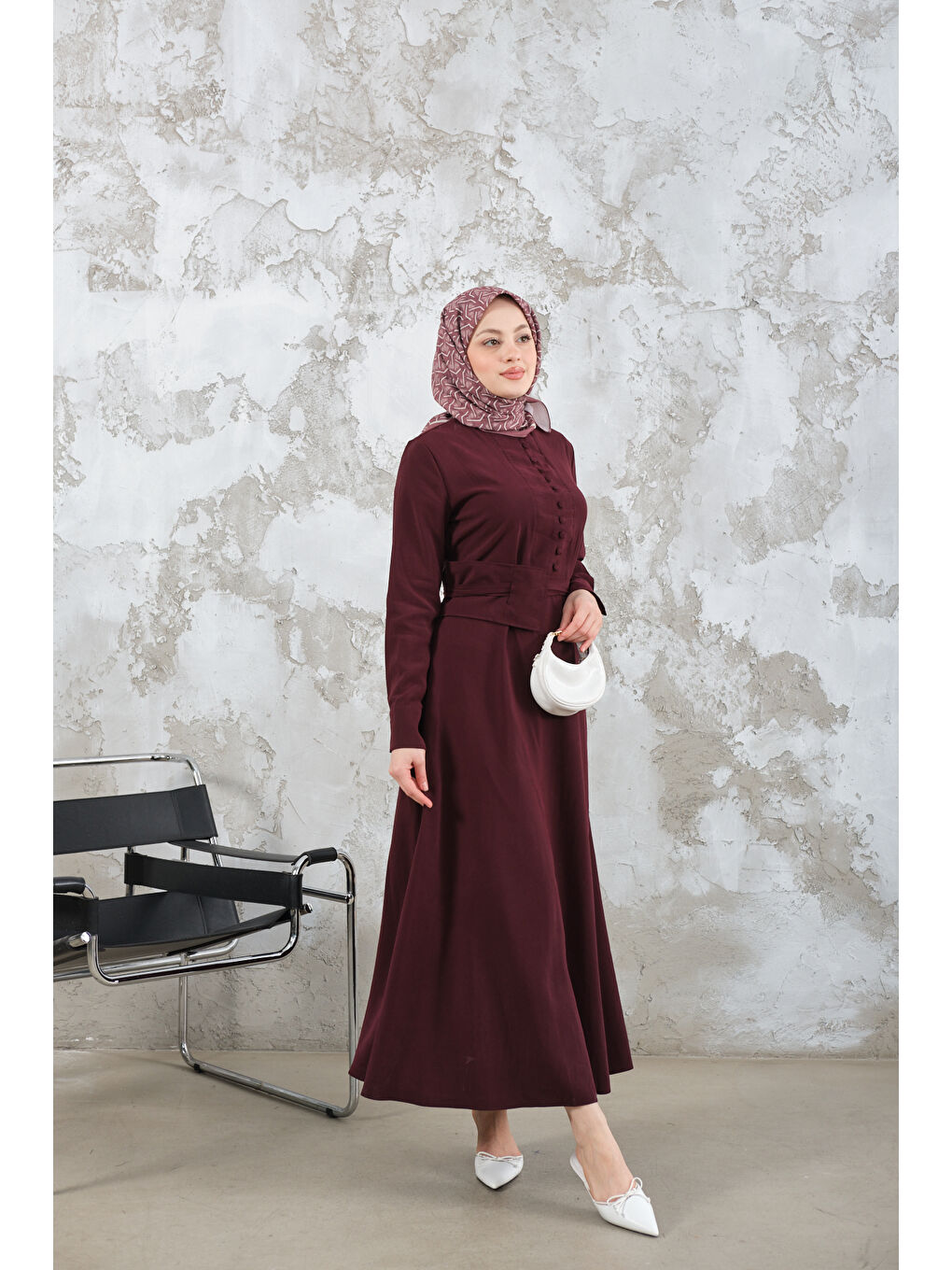 Kadın Bel Bağlamalı  Elbise Bordo-3