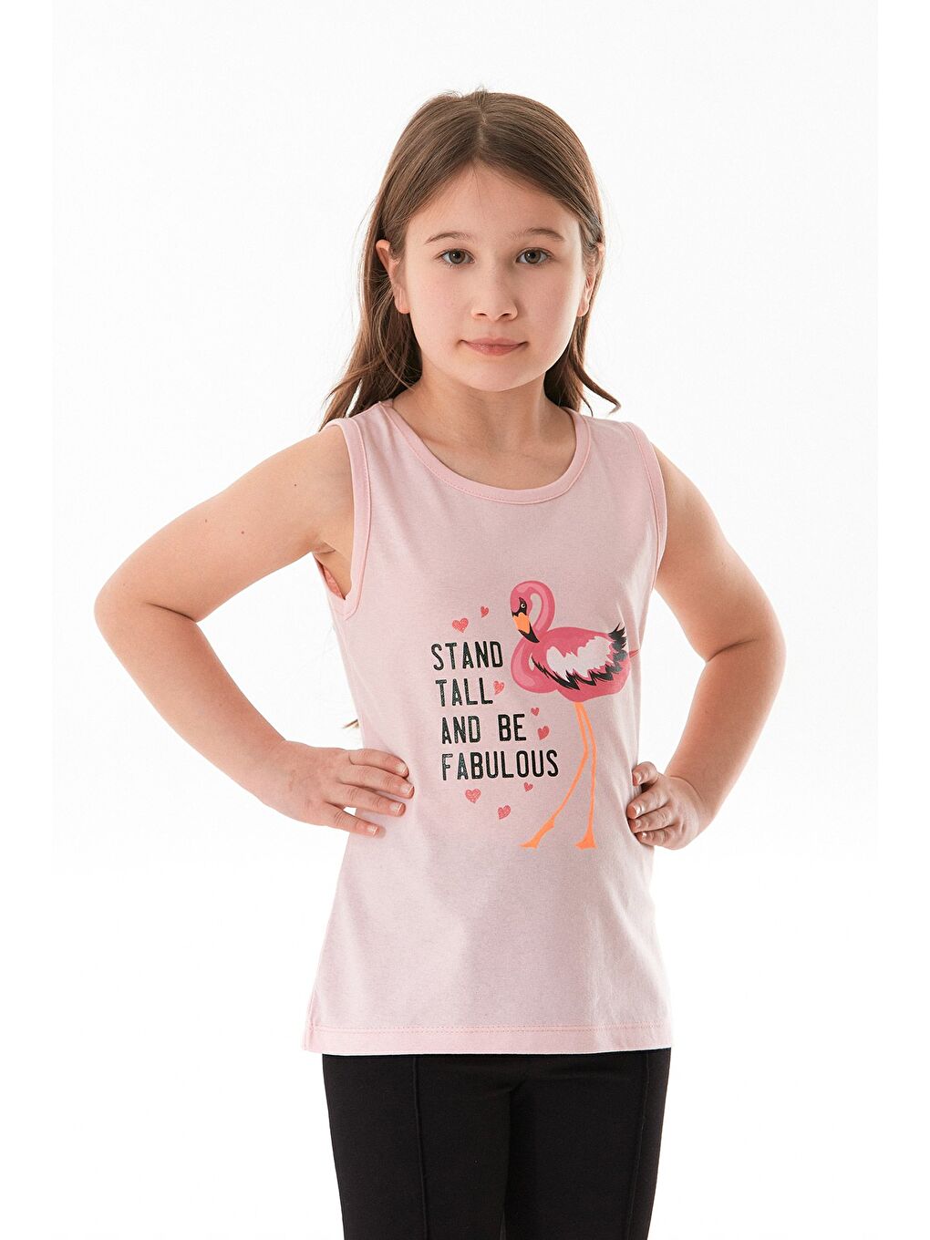 Pembe %100 Pamuk Flamingo Baskılı Kolsuz Kız Çocuk Tişört