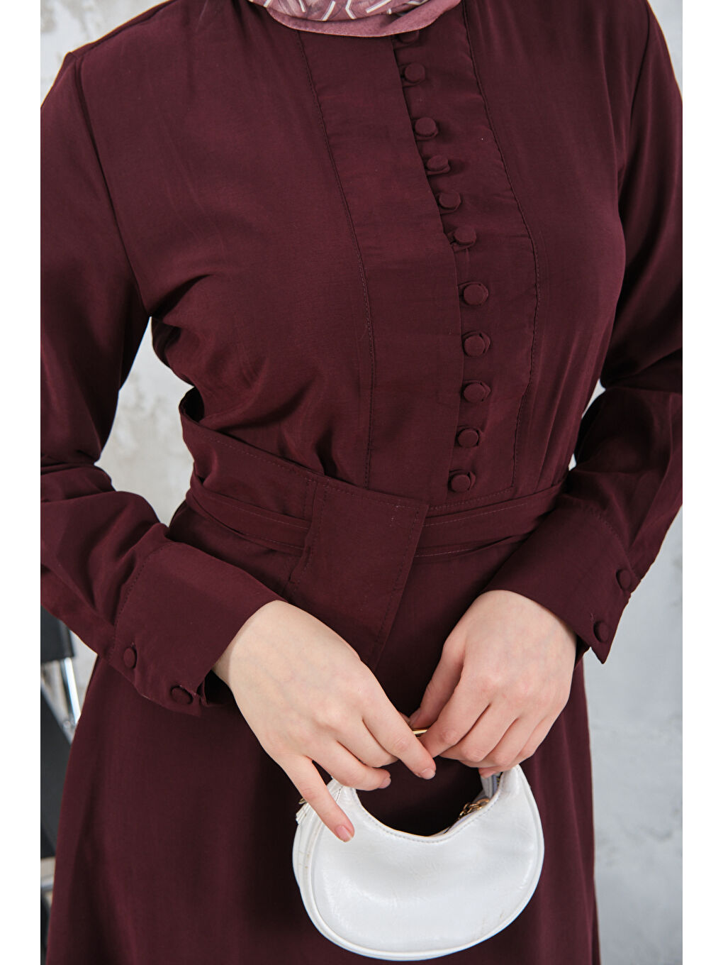 Kadın Bel Bağlamalı  Elbise Bordo-4