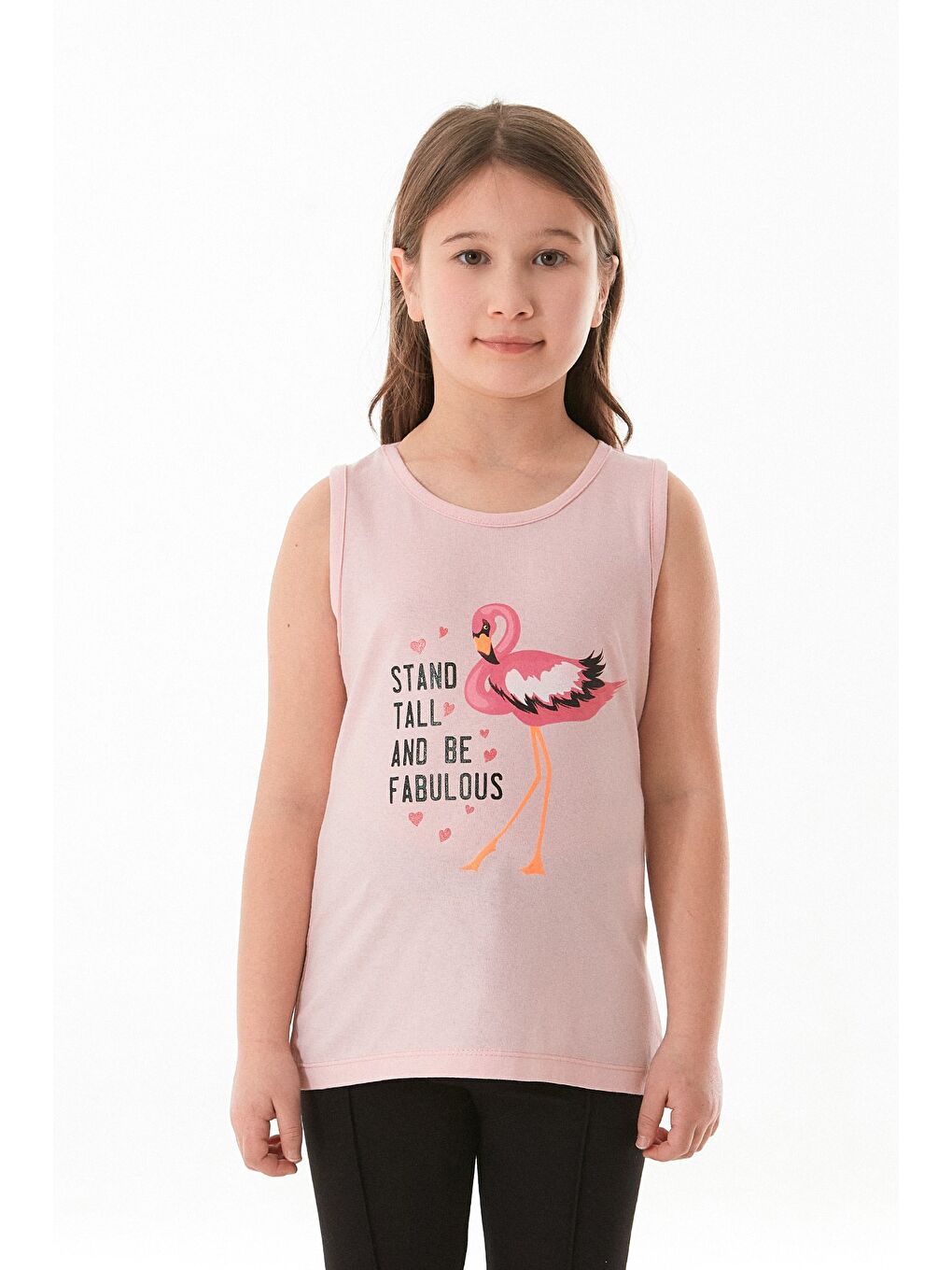 Pembe %100 Pamuk Flamingo Baskılı Kolsuz Kız Çocuk Tişört-1