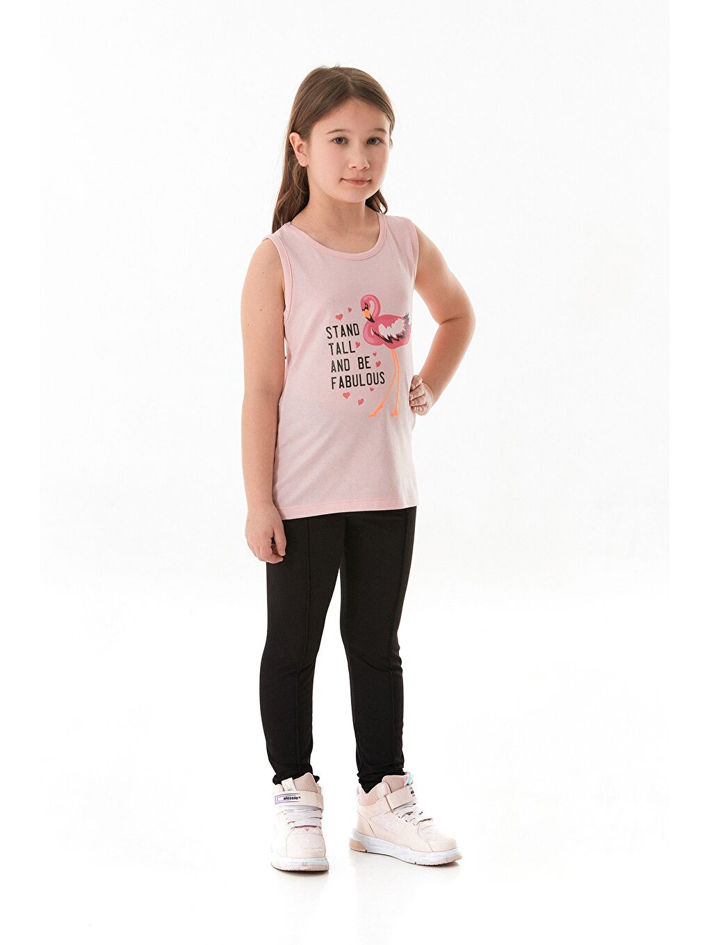 Pembe %100 Pamuk Flamingo Baskılı Kolsuz Kız Çocuk Tişört-2