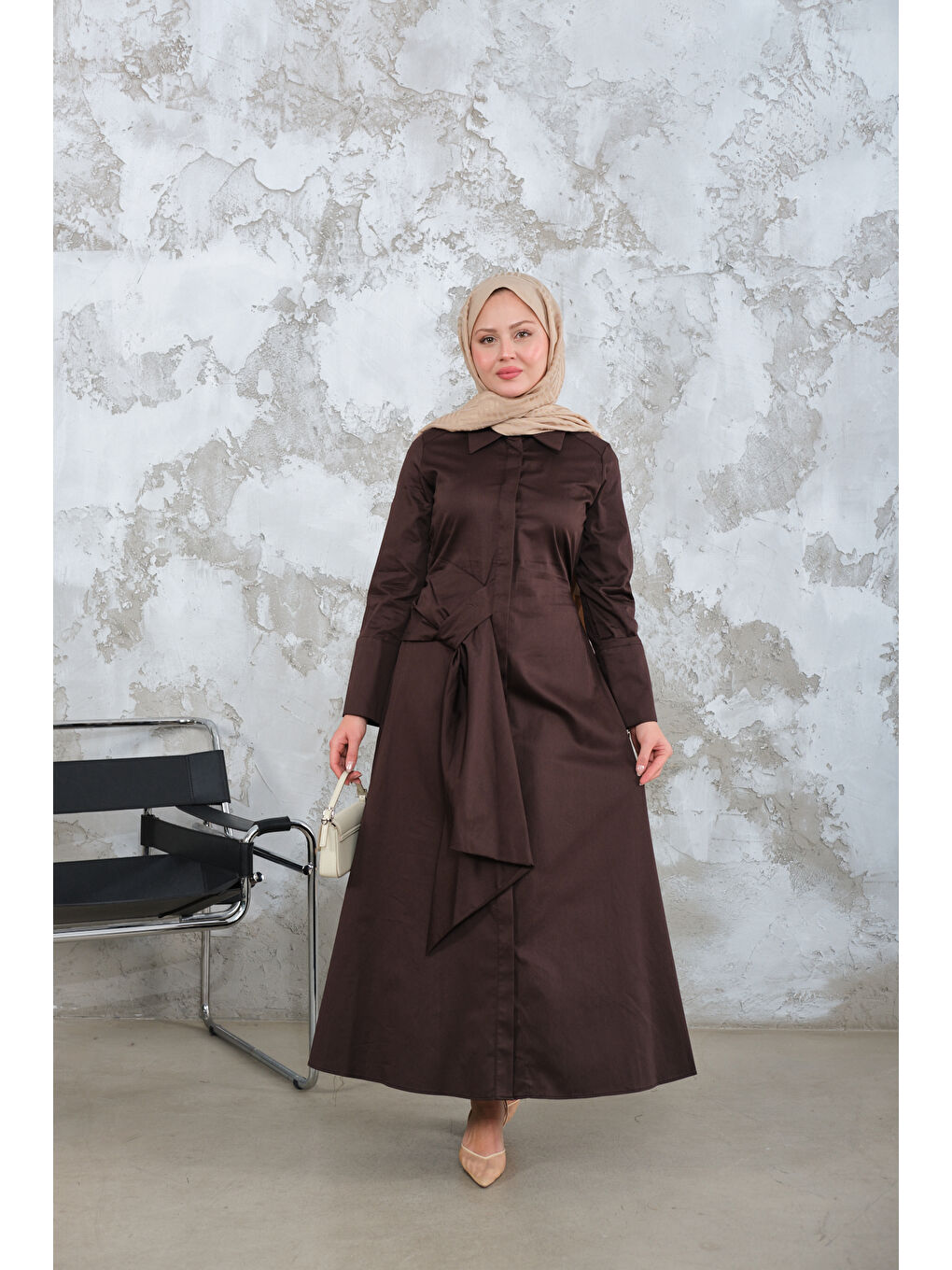 Kadın Pile Detay Elbise Kahverengi