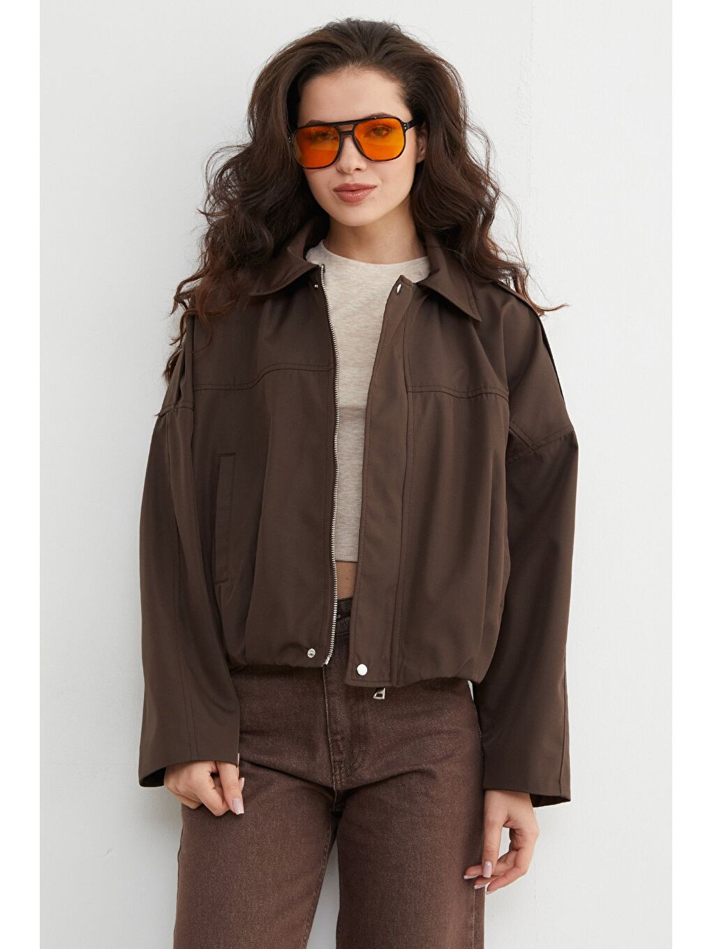 Kahverengi Basic Omuz Detaylı Oversize Bomber Trençkot