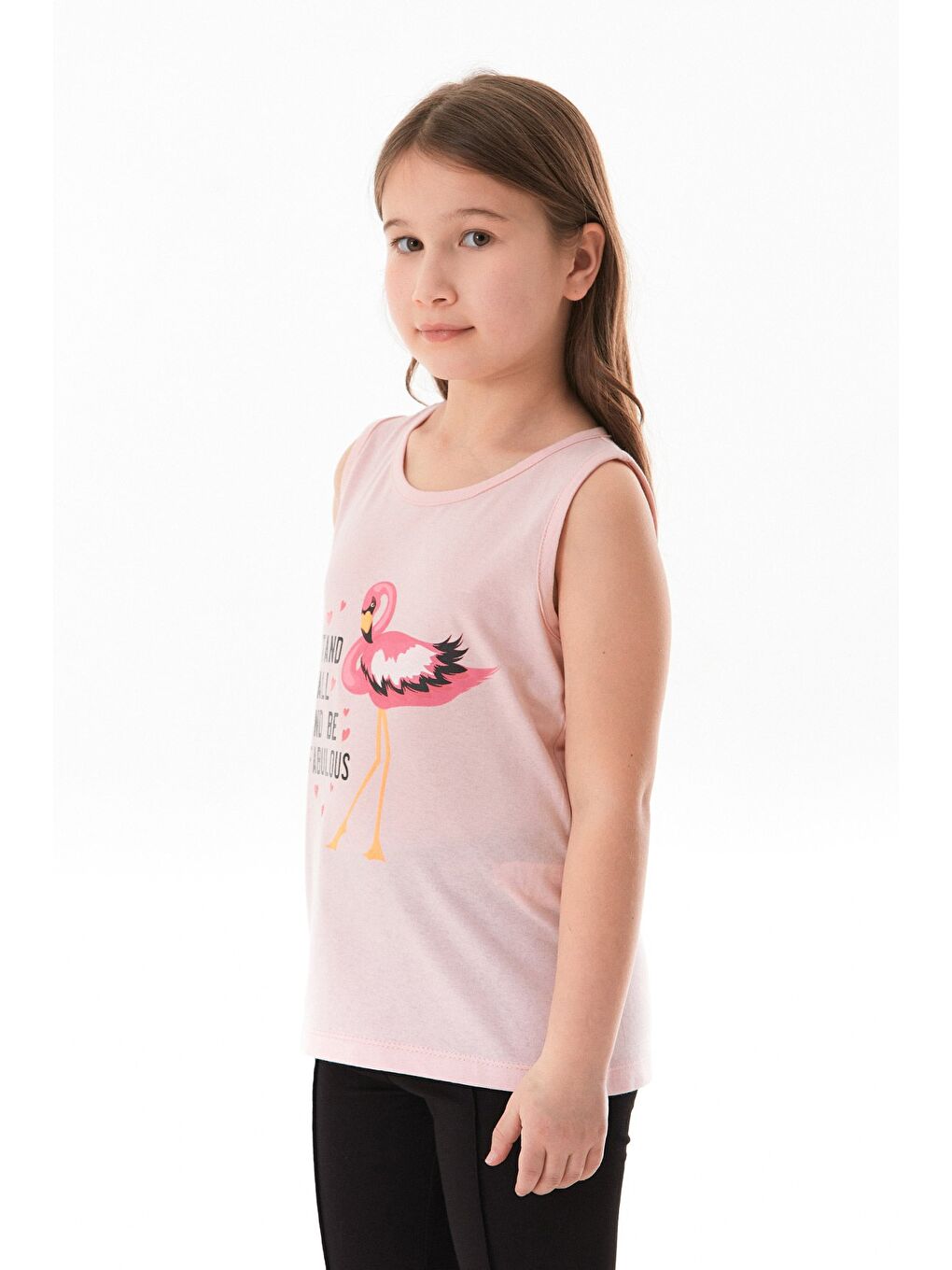 Pembe %100 Pamuk Flamingo Baskılı Kolsuz Kız Çocuk Tişört-3