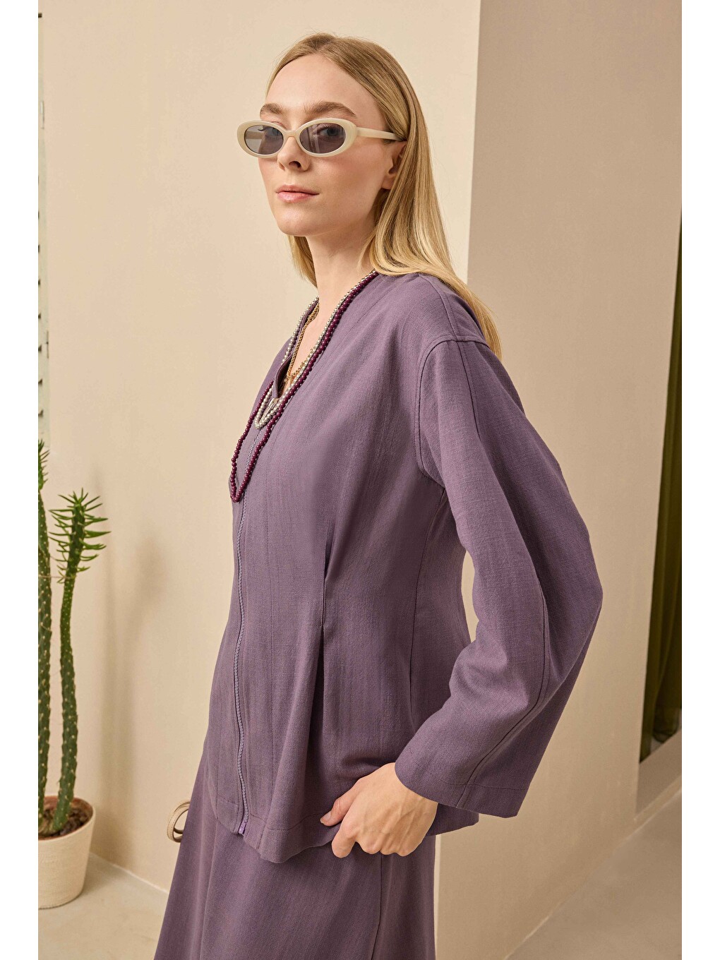 Lila Pamuk Keten Ceket Retro Violet-1