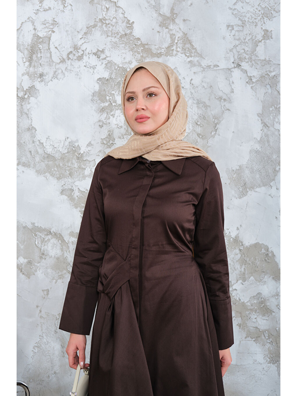 Kadın Pile Detay Elbise Kahverengi-1