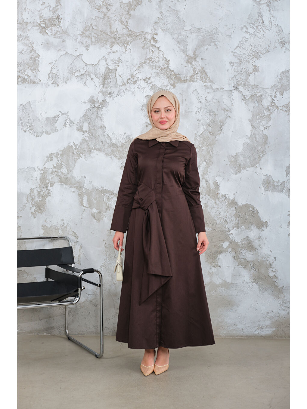 Kadın Pile Detay Elbise Kahverengi-2