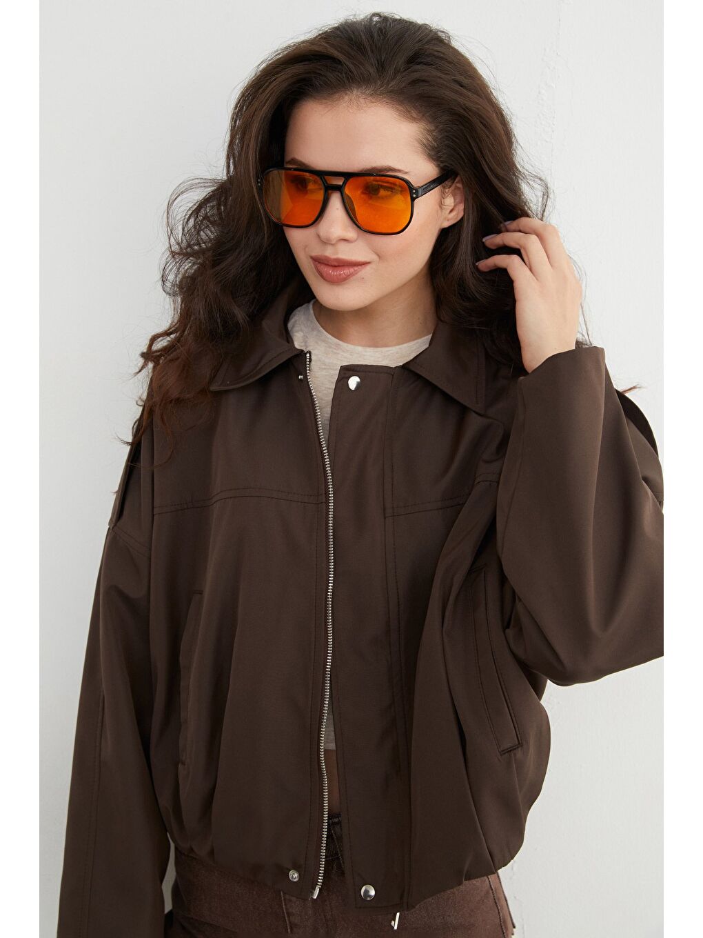 Kahverengi Basic Omuz Detaylı Oversize Bomber Trençkot-1