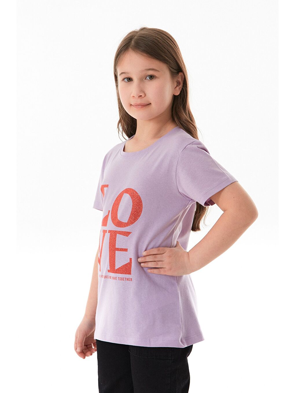 Lila %100 Pamuk Simli Love Yazı Baskılı Kız Çocuk Tişört