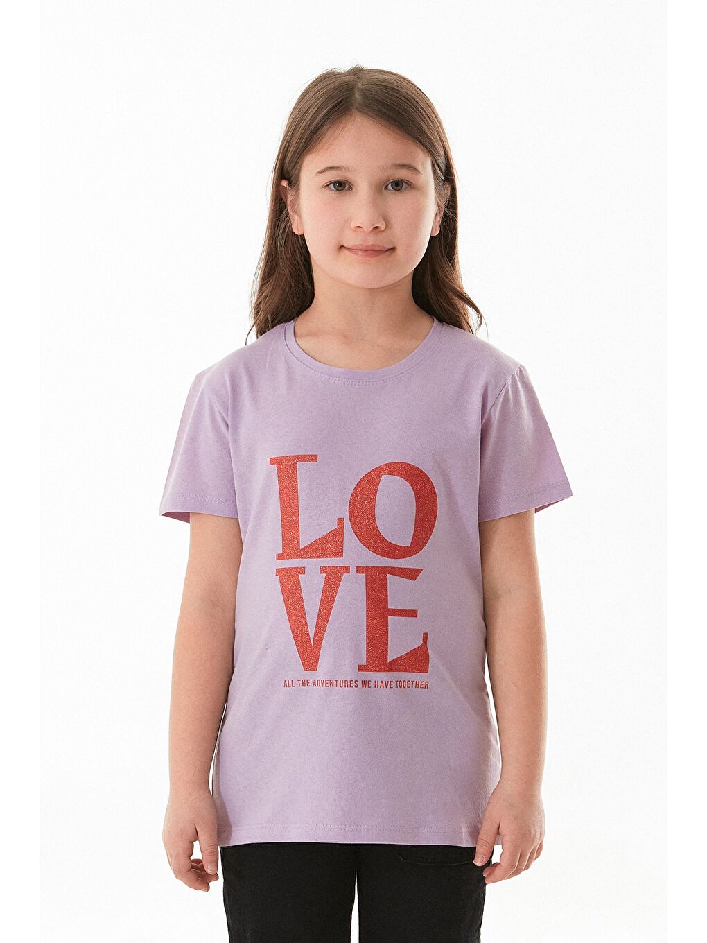 Lila %100 Pamuk Simli Love Yazı Baskılı Kız Çocuk Tişört-1