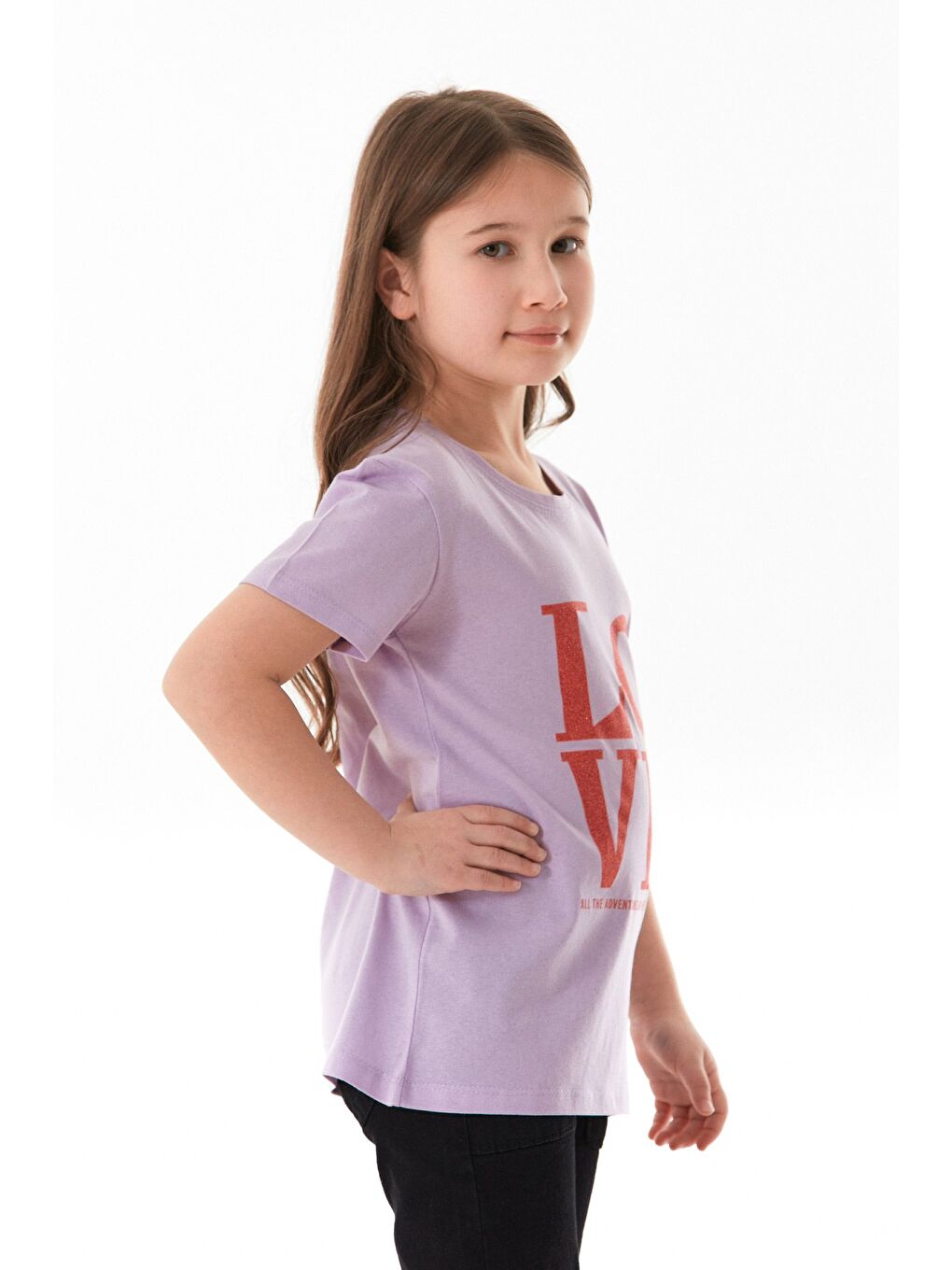 Lila %100 Pamuk Simli Love Yazı Baskılı Kız Çocuk Tişört-2