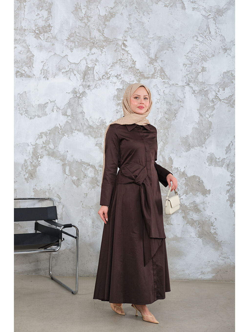 Kadın Pile Detay Elbise Kahverengi-3