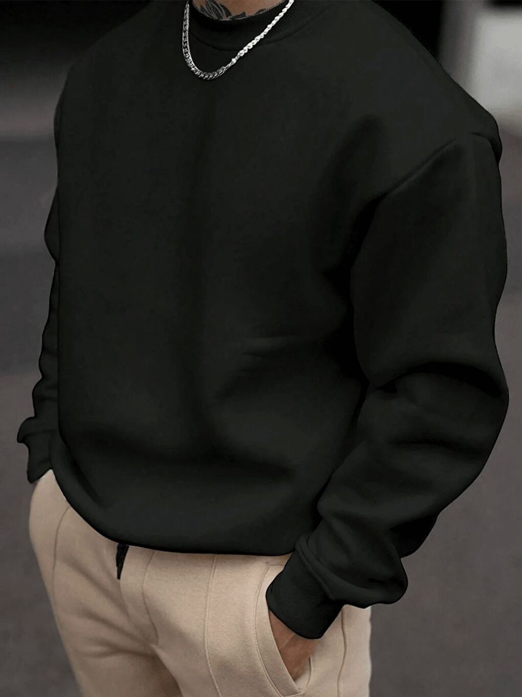 Siyah Baskısız Oversize Bisiklet Yaka Uzun Kollu Sweatshirt