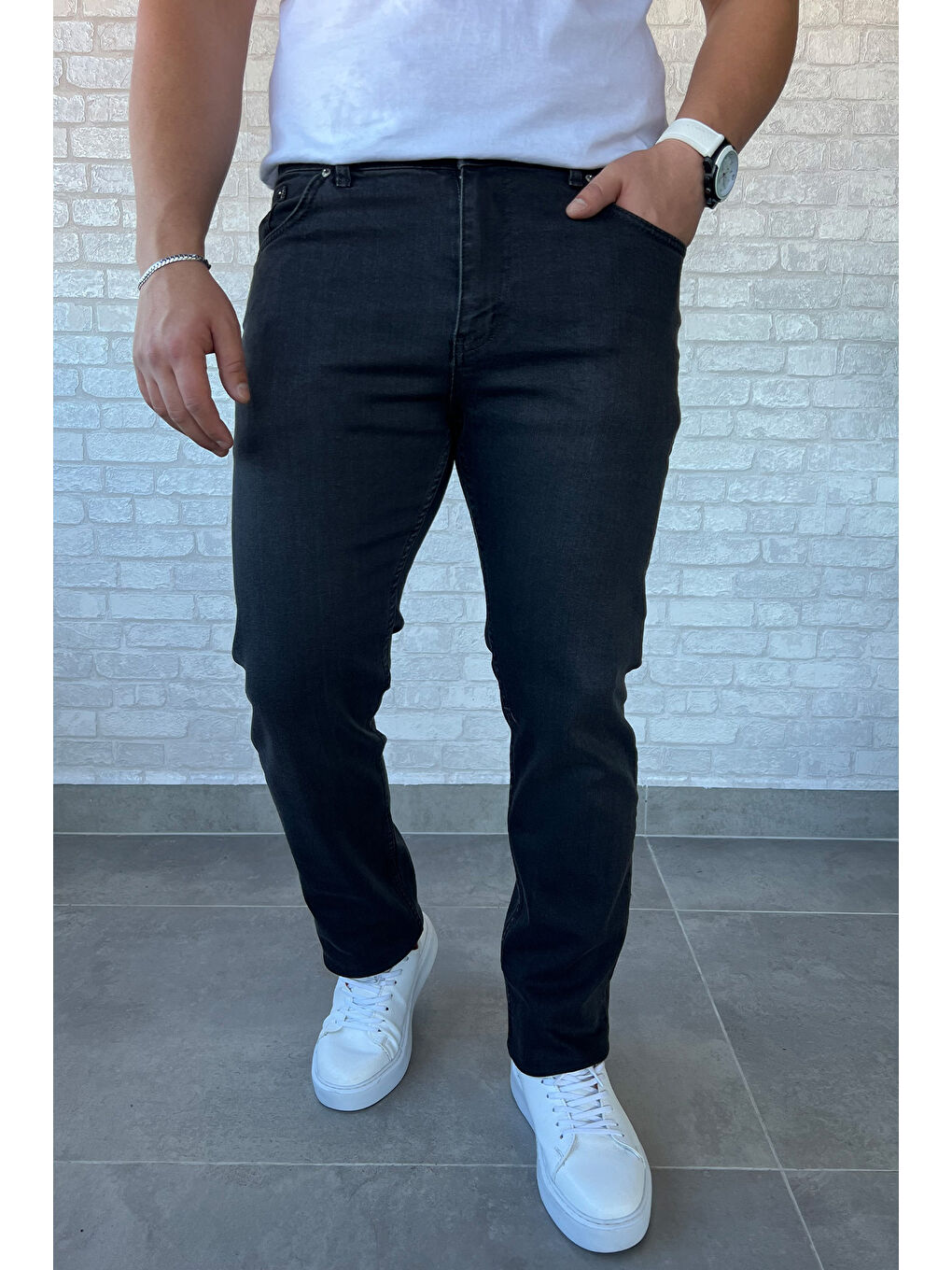 Antrasit Erkek Büyük Beden Elastanlı  Jean Pantolon