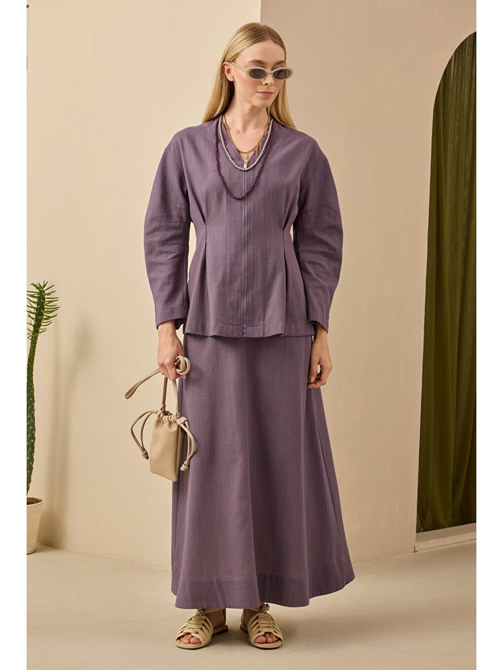 Lila Pamuk Keten Ceket Retro Violet-2
