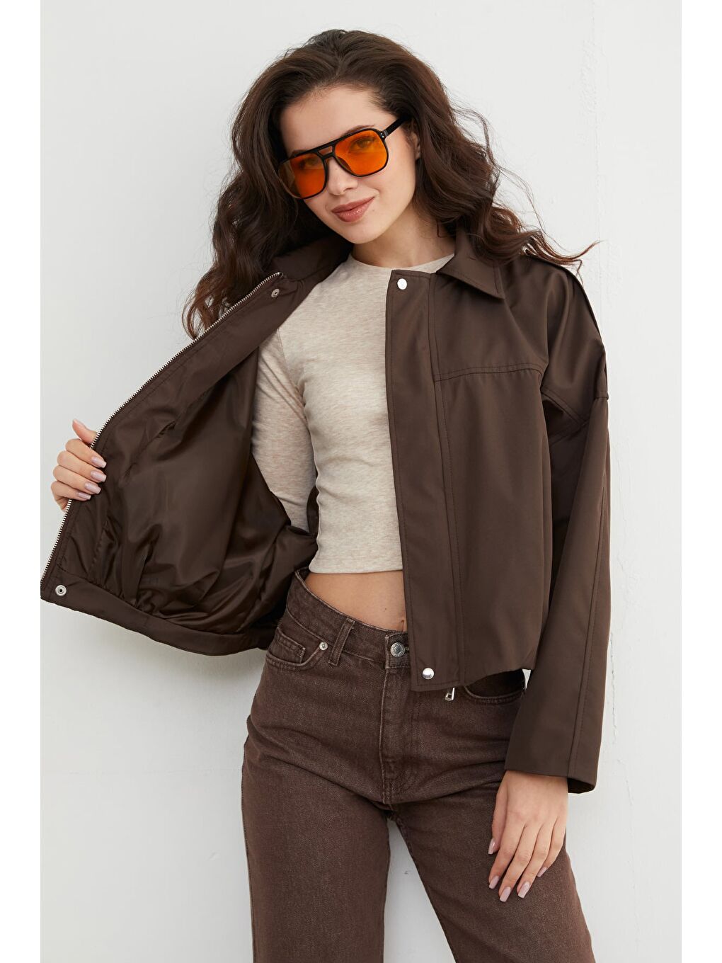 Kahverengi Basic Omuz Detaylı Oversize Bomber Trençkot-2