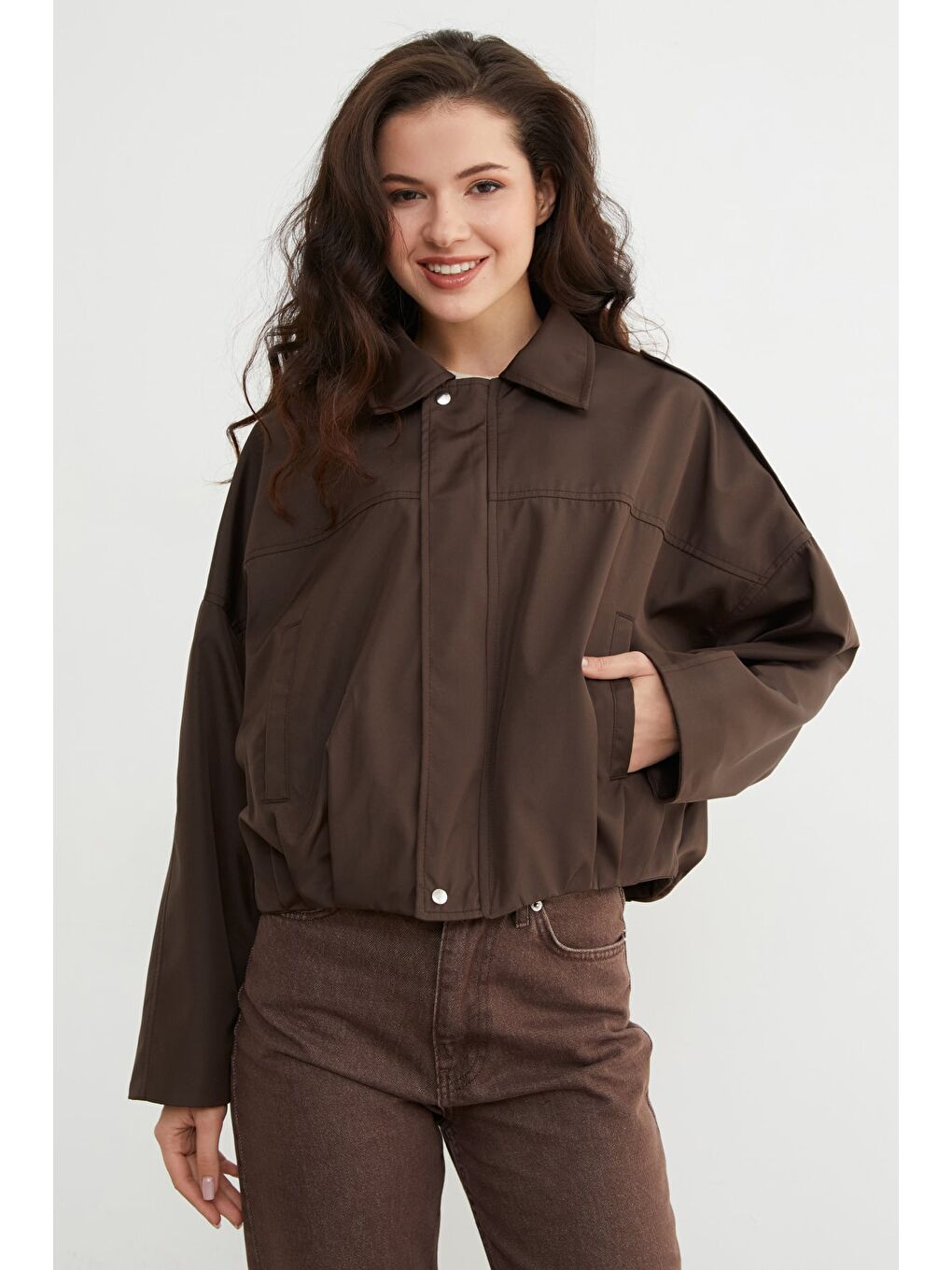 Kahverengi Basic Omuz Detaylı Oversize Bomber Trençkot-3