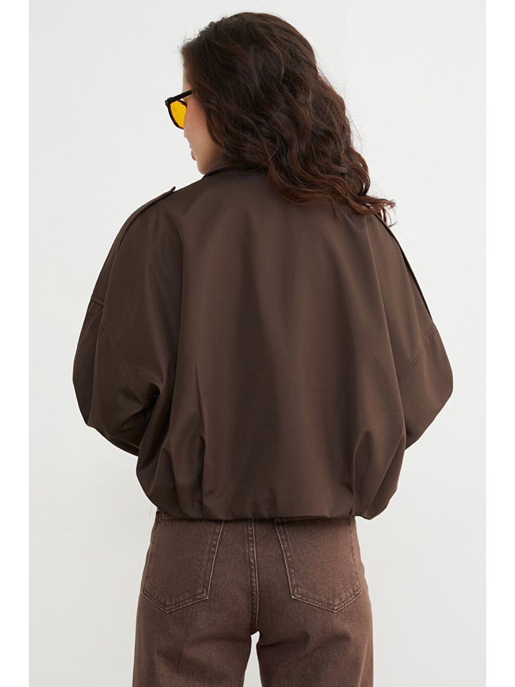 Kahverengi Basic Omuz Detaylı Oversize Bomber Trençkot-4