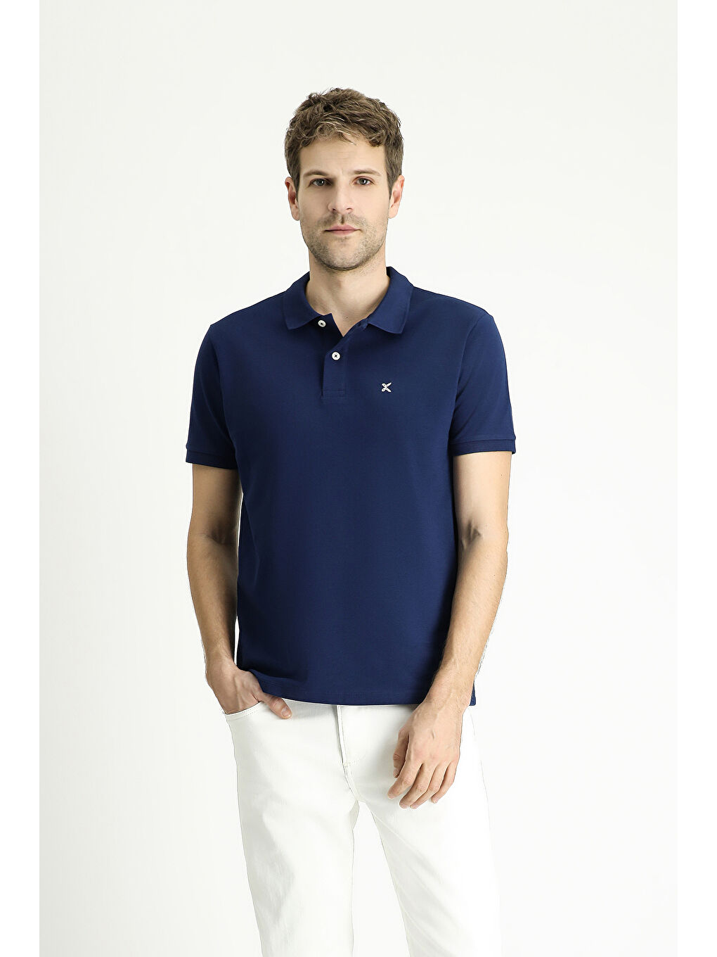 Lacivert Polo Yaka Slim Fit Dar Kesim Nakışlı Pamuk %100 Pamuk Tişört