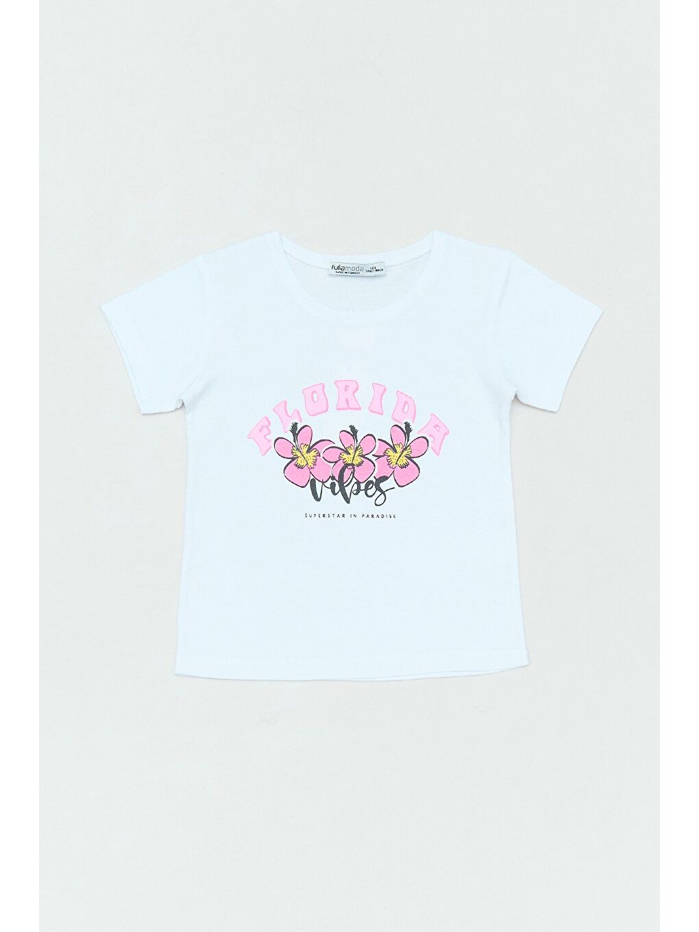 Beyaz %100 Pamuk Florida Yazı Baskılı Kız Çocuk Tişört