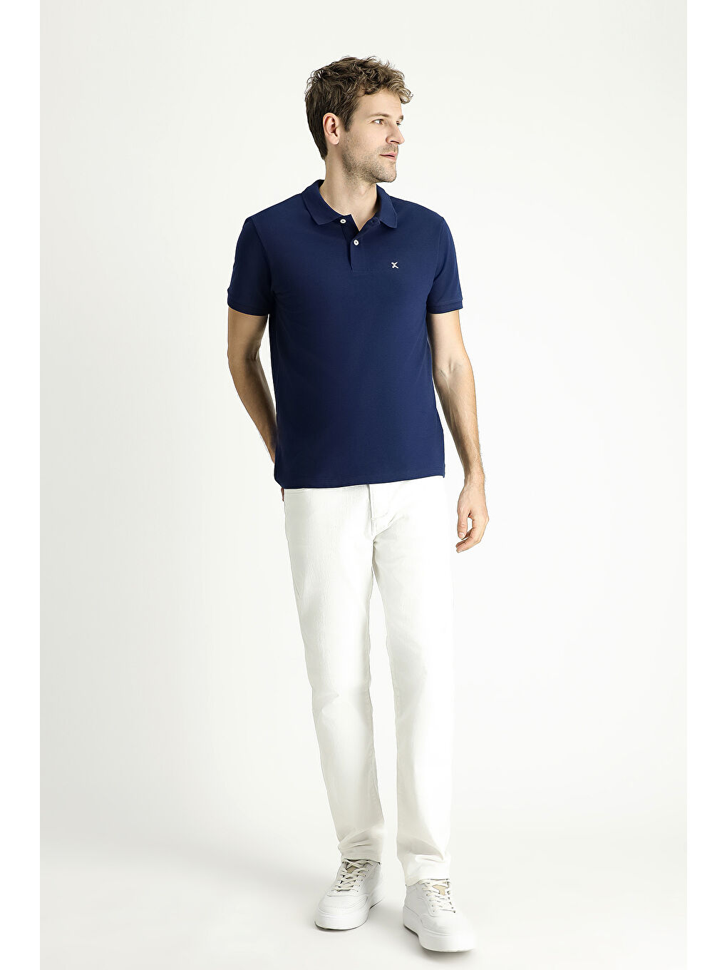 Lacivert Polo Yaka Slim Fit Dar Kesim Nakışlı Pamuk %100 Pamuk Tişört-1