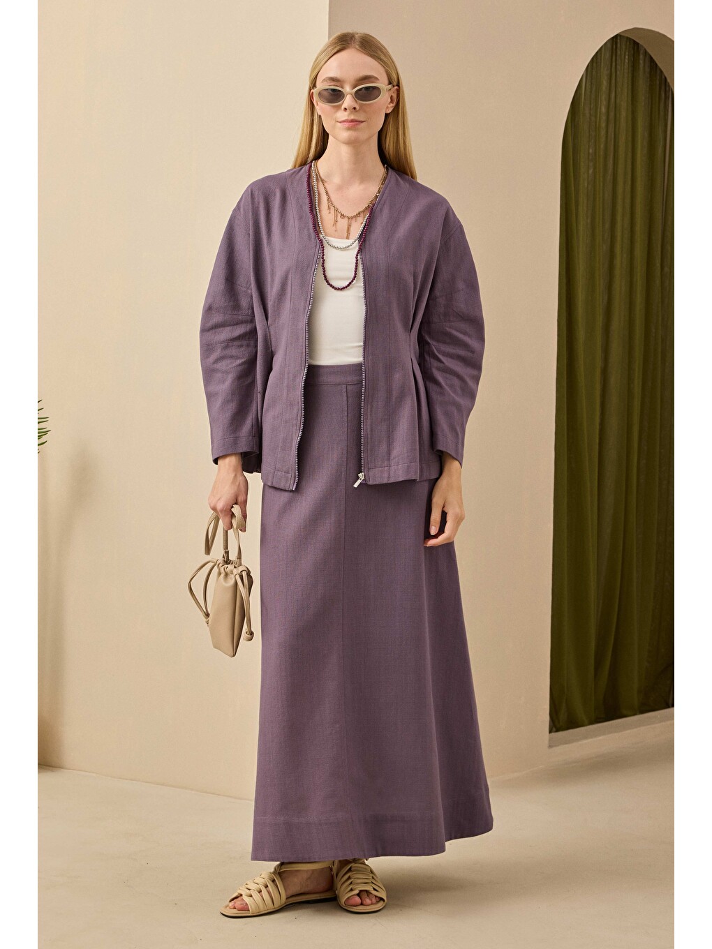 Lila Pamuk Keten Ceket Retro Violet-3