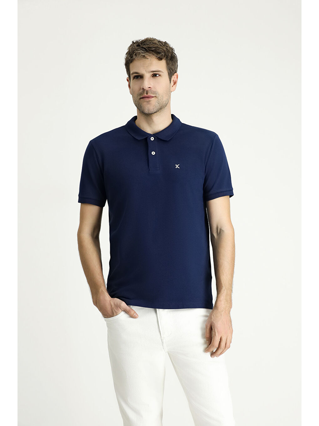 Lacivert Polo Yaka Slim Fit Dar Kesim Nakışlı Pamuk %100 Pamuk Tişört-2