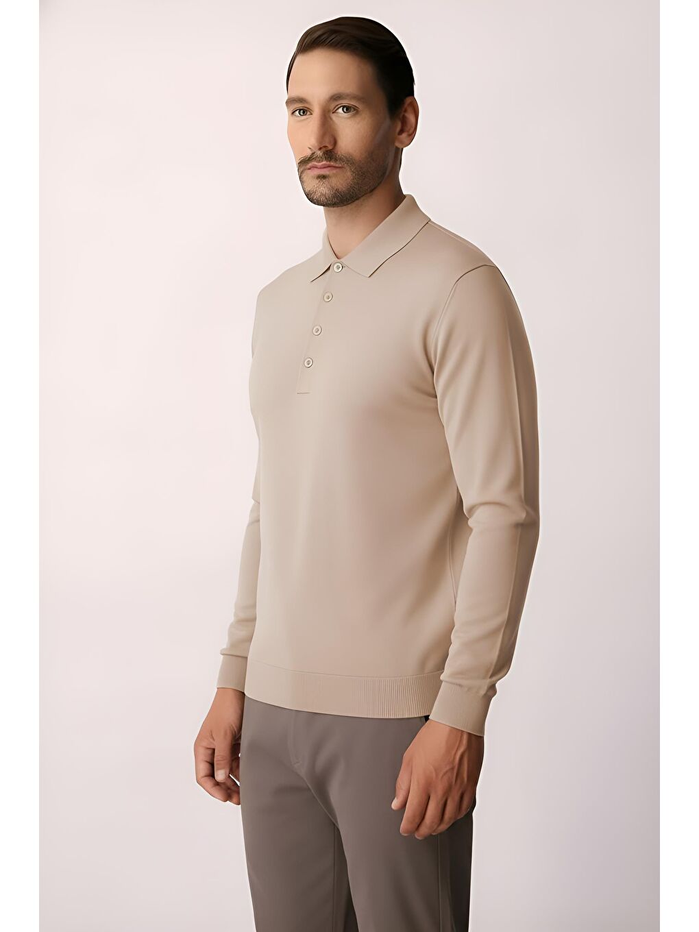 Bej Dar Kalıp Polo Yaka Düz Uzun Kollu Triko-1