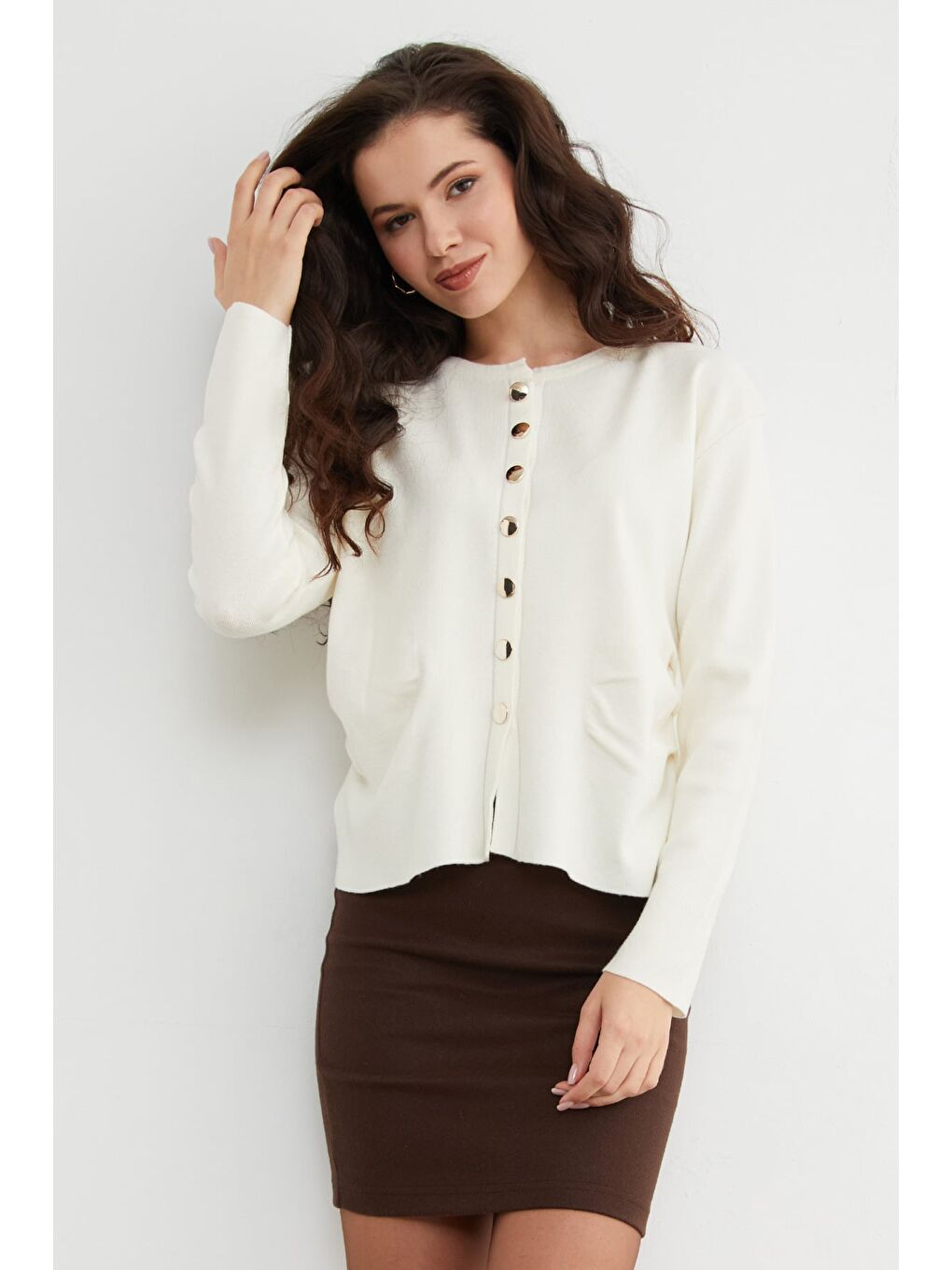 Ekru Yanları Drapeli Düğmeli Triko Hırka-3