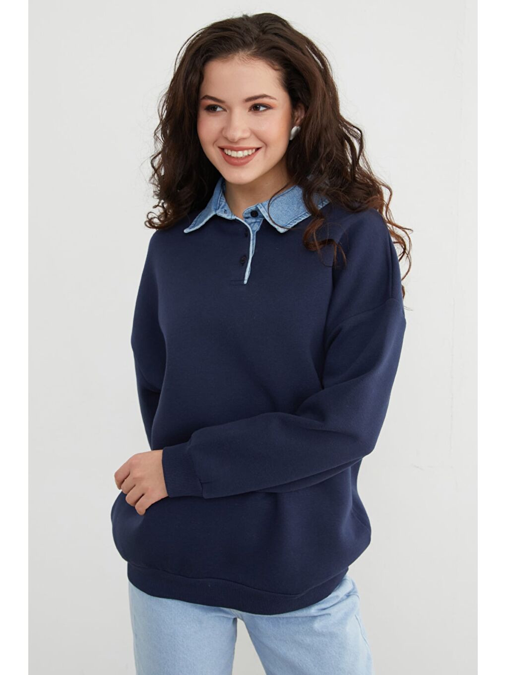 Lacivert 3 İplik Jean Garnili Gömlek Yaka Oversize Sweatshirt