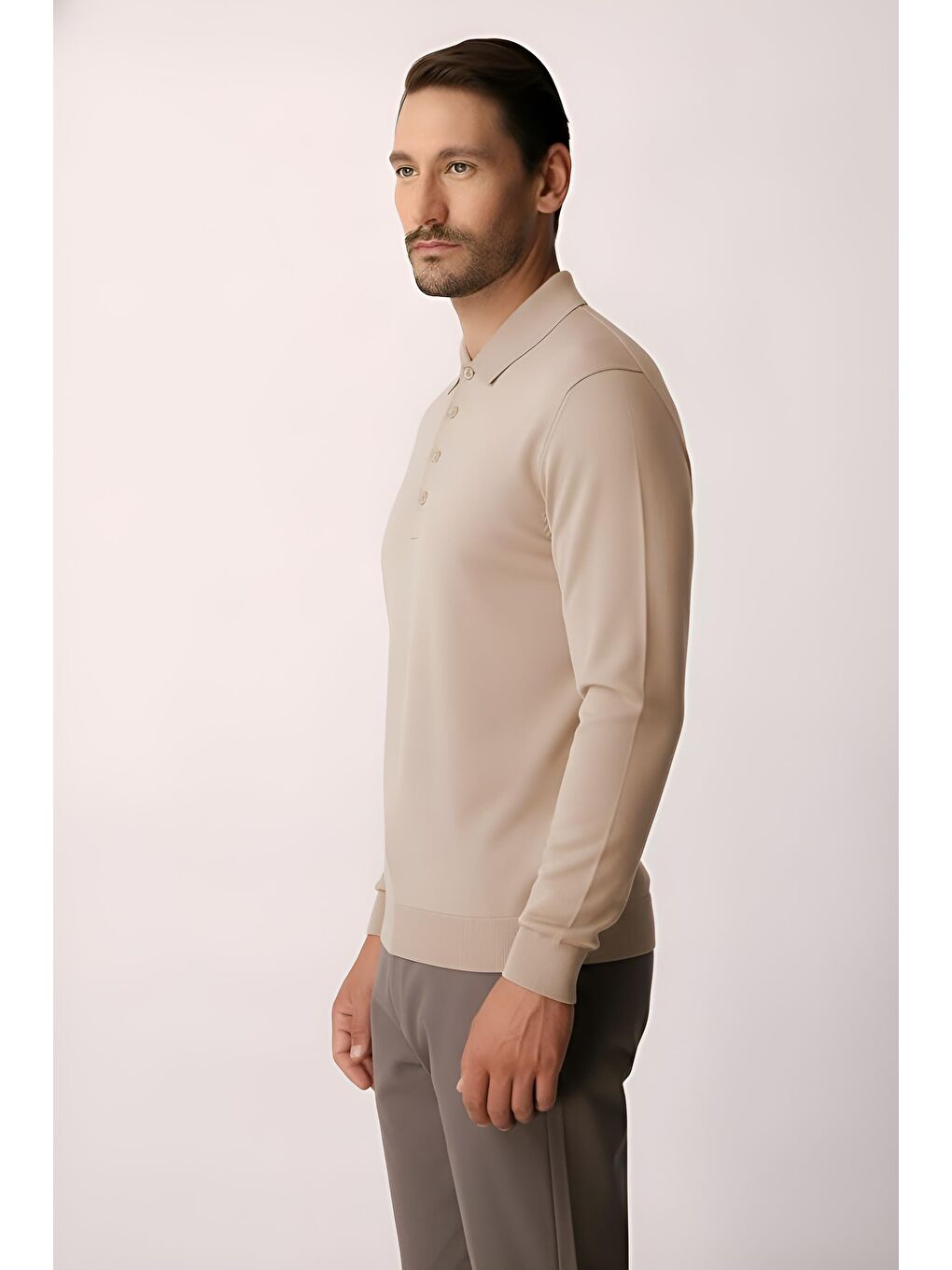 Bej Dar Kalıp Polo Yaka Düz Uzun Kollu Triko-2