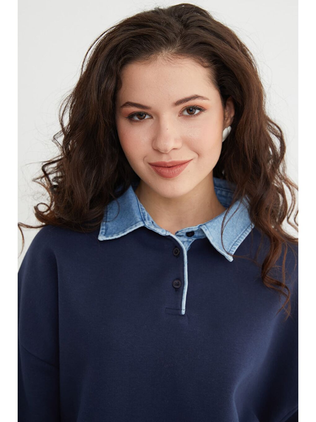 Lacivert 3 İplik Jean Garnili Gömlek Yaka Oversize Sweatshirt-1