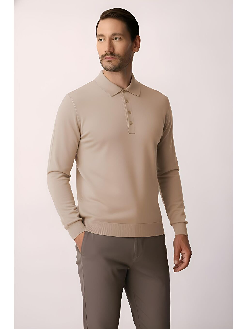 Bej Dar Kalıp Polo Yaka Düz Uzun Kollu Triko-3