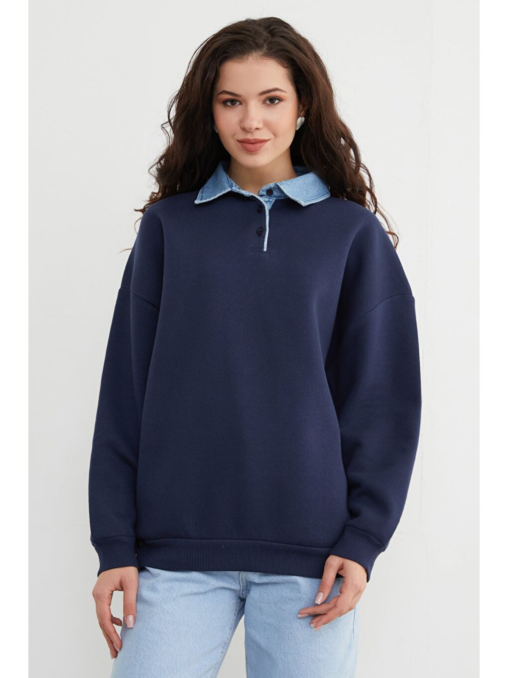 Lacivert 3 İplik Jean Garnili Gömlek Yaka Oversize Sweatshirt-2