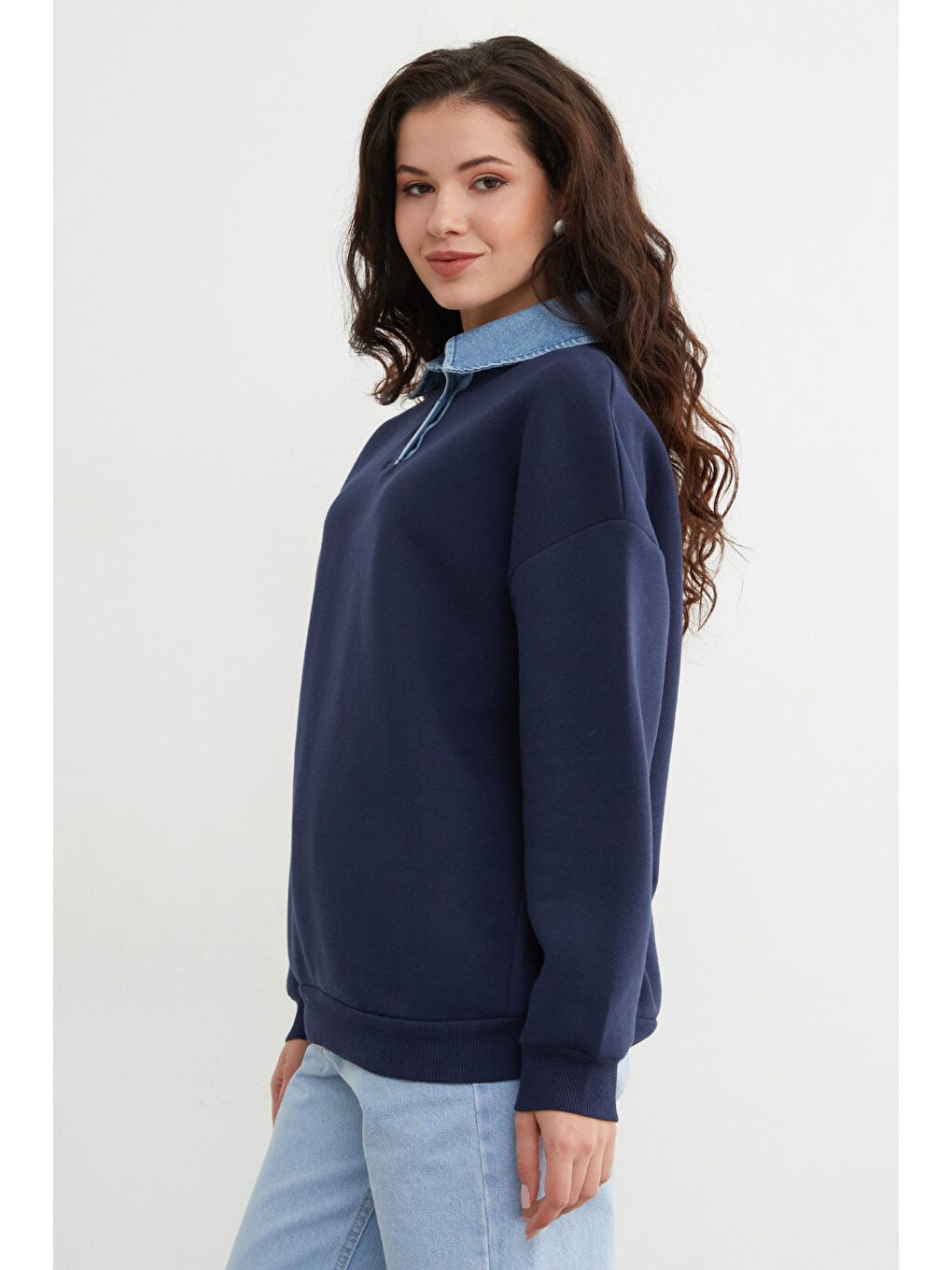 Lacivert 3 İplik Jean Garnili Gömlek Yaka Oversize Sweatshirt-3