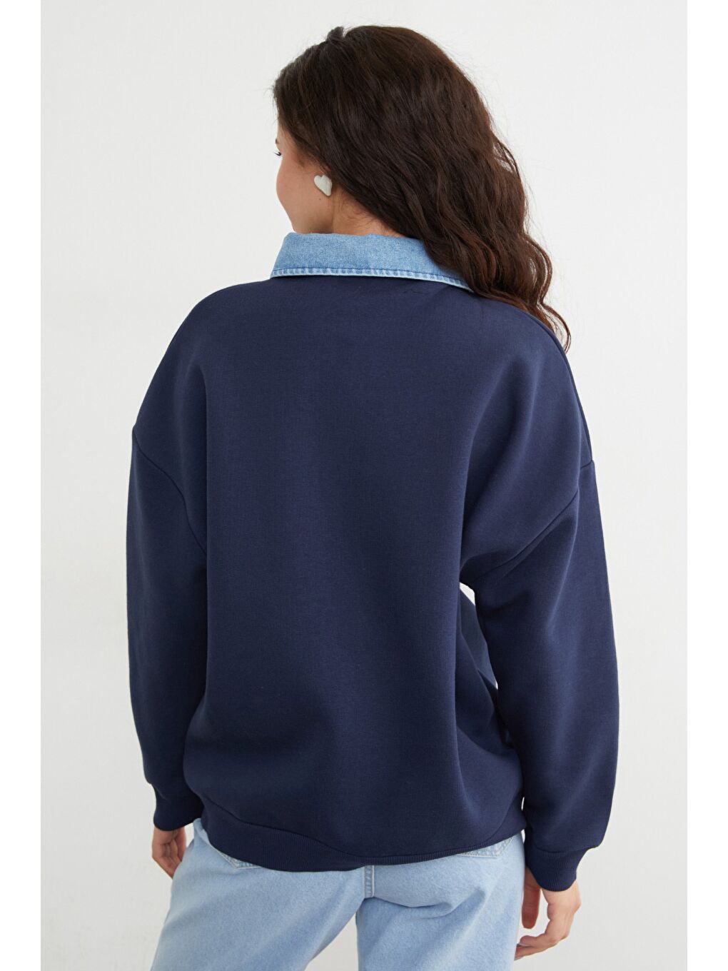 Lacivert 3 İplik Jean Garnili Gömlek Yaka Oversize Sweatshirt-4