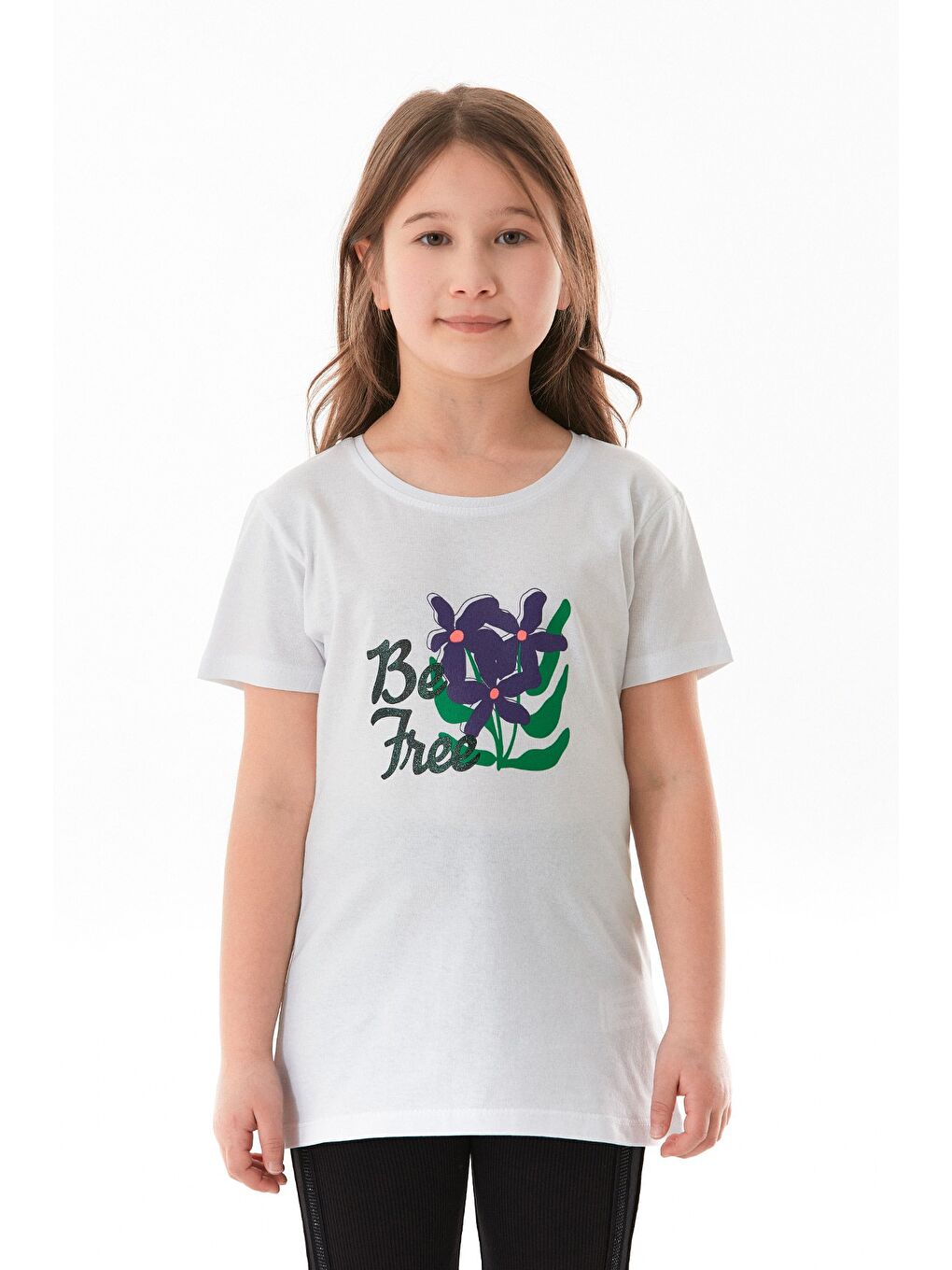 Beyaz %100 Pamuk Önü Ve Arkası Çiçek Baskılı Kız Çocuk Tişört