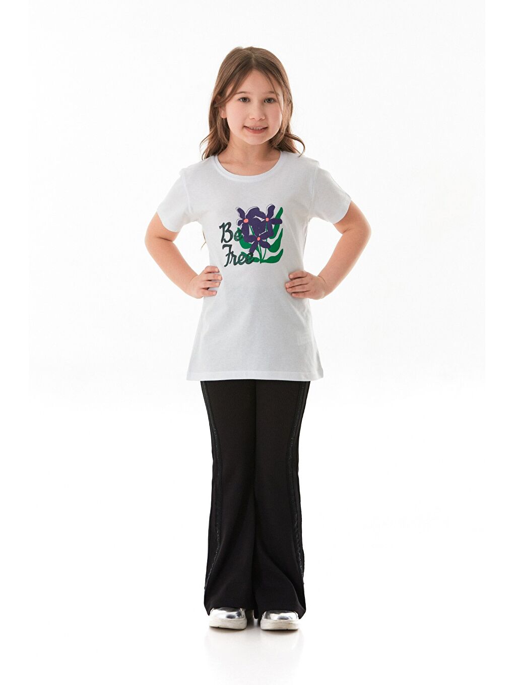 Beyaz %100 Pamuk Önü Ve Arkası Çiçek Baskılı Kız Çocuk Tişört-2