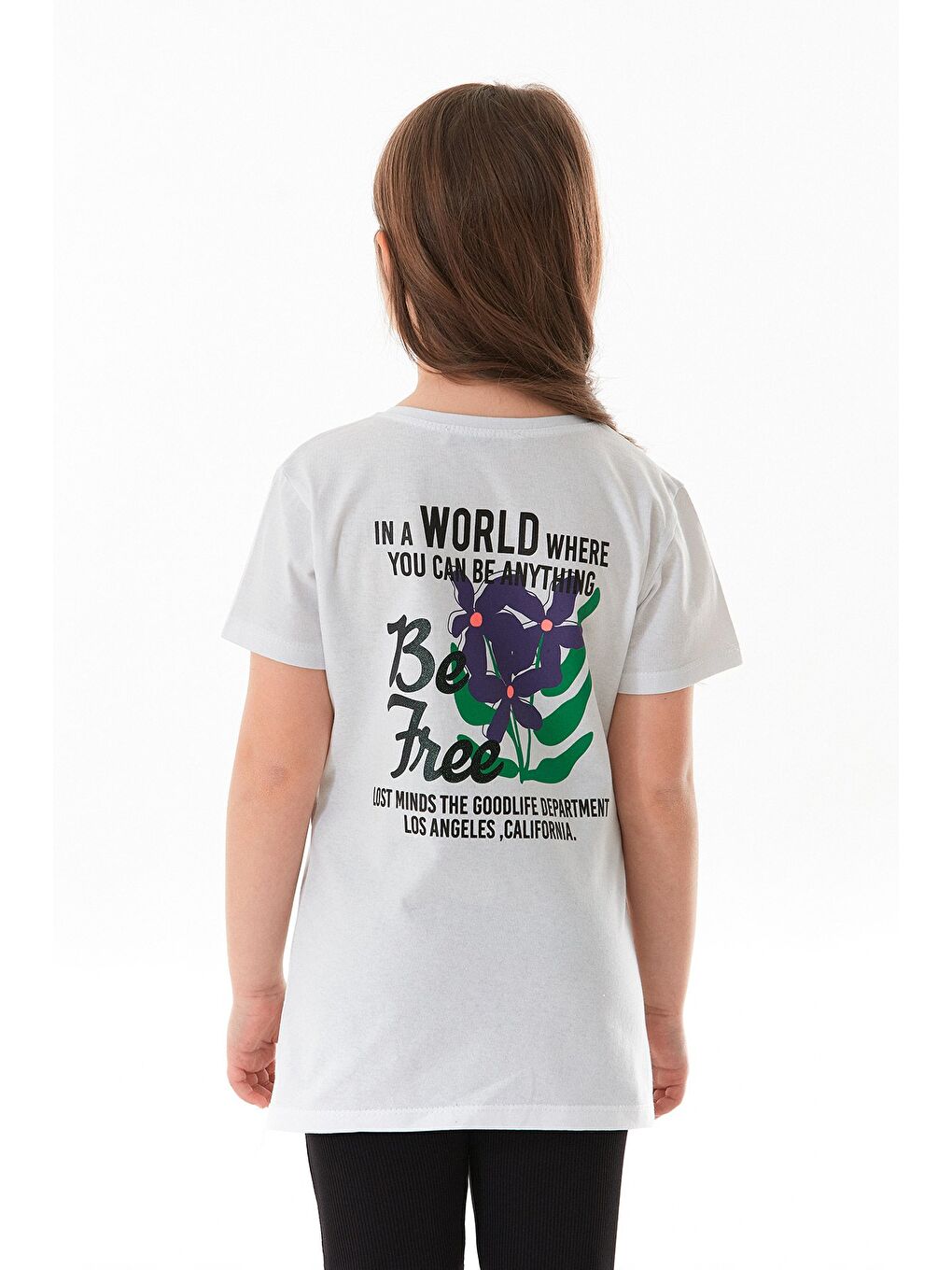 Beyaz %100 Pamuk Önü Ve Arkası Çiçek Baskılı Kız Çocuk Tişört-3