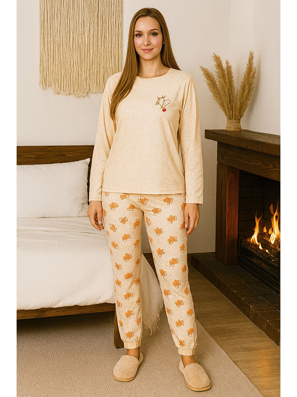 Pembe Kadın Kalp Desen Yumuşak Doku Marla Pijama Takımı 0488 Somon-3