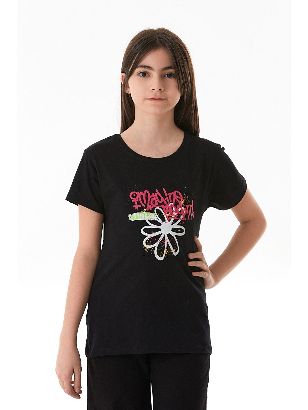 Siyah %100 Pamuk Yazı Baskılı Kız Çocuk Bisiklet Yaka Tişört