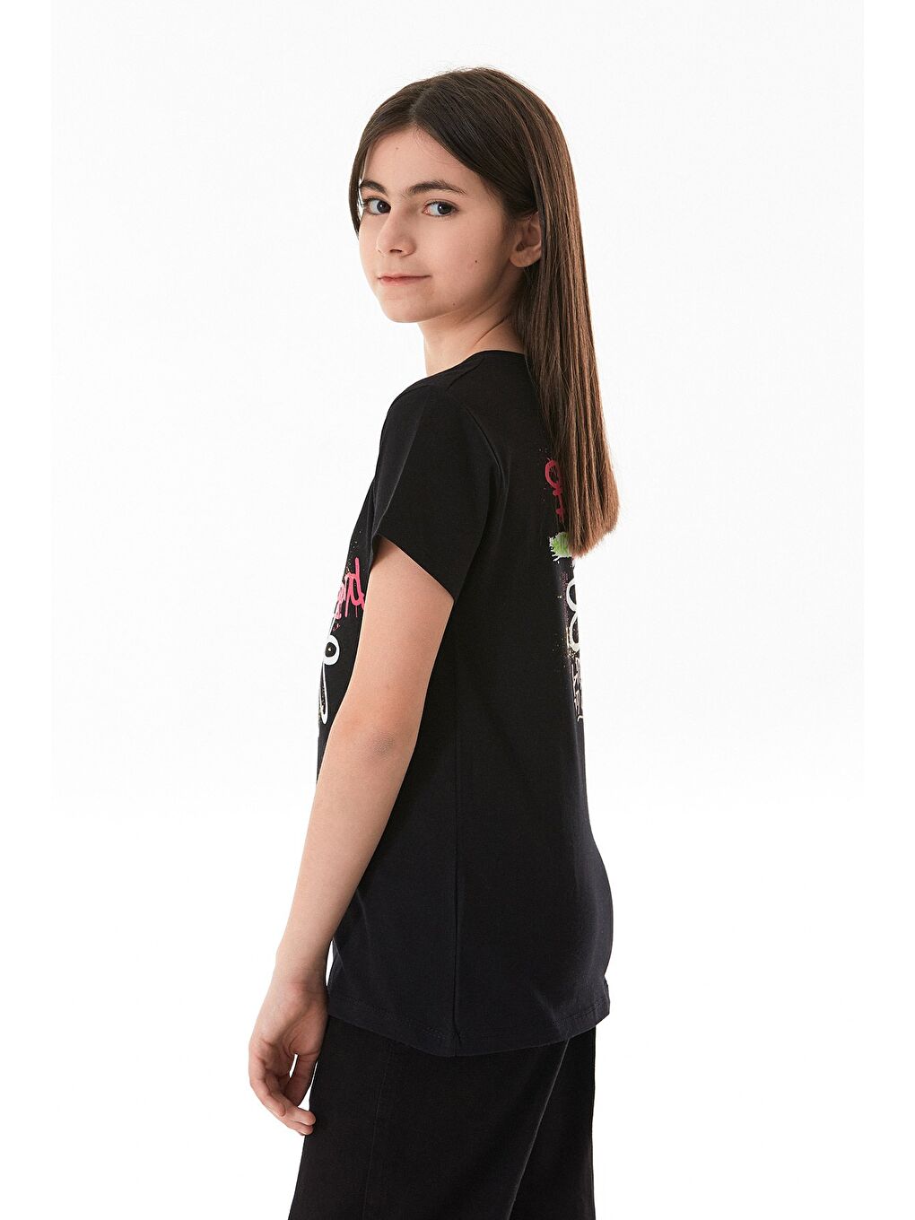 Siyah %100 Pamuk Yazı Baskılı Kız Çocuk Bisiklet Yaka Tişört-1