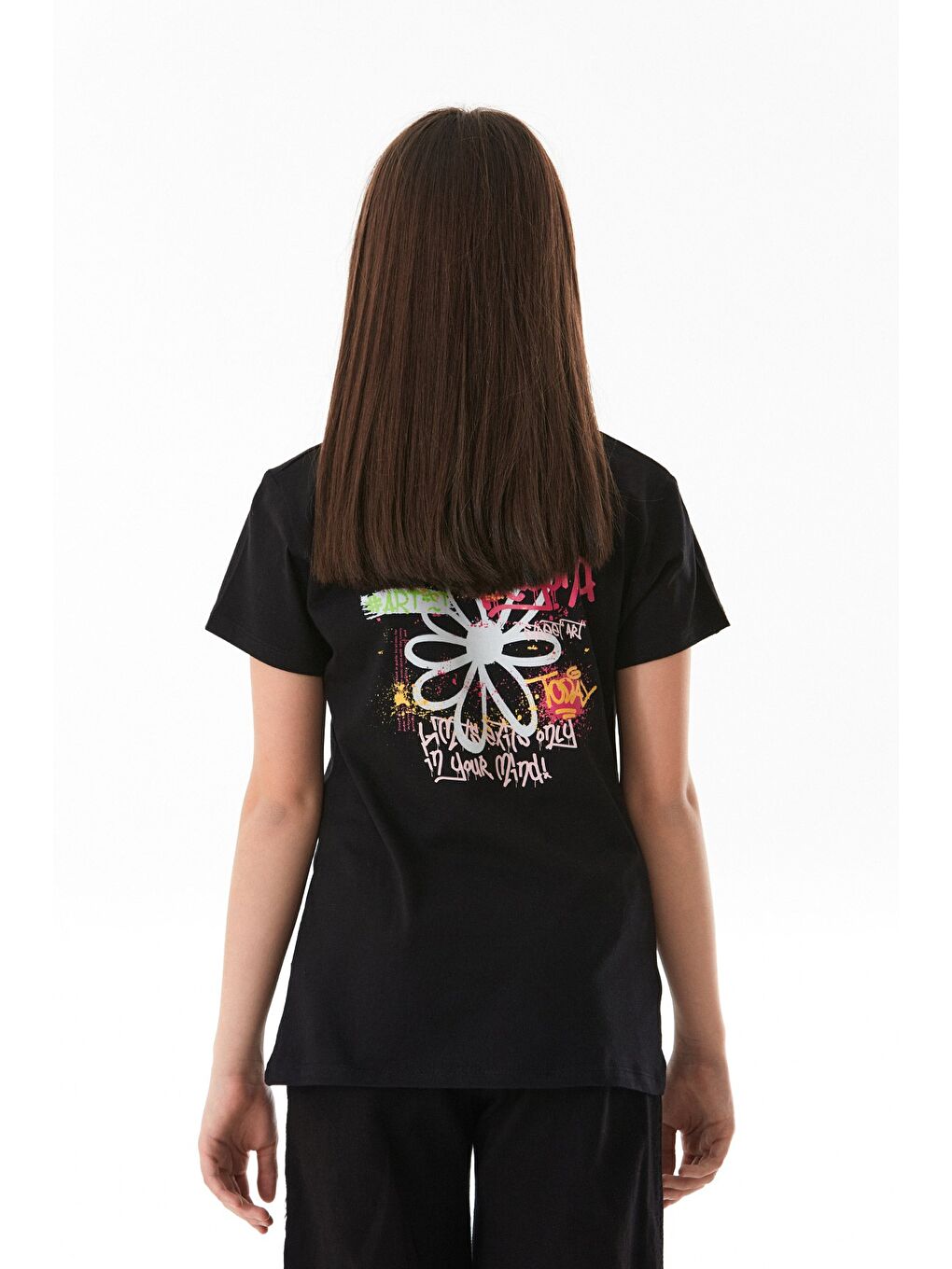 Siyah %100 Pamuk Yazı Baskılı Kız Çocuk Bisiklet Yaka Tişört-2