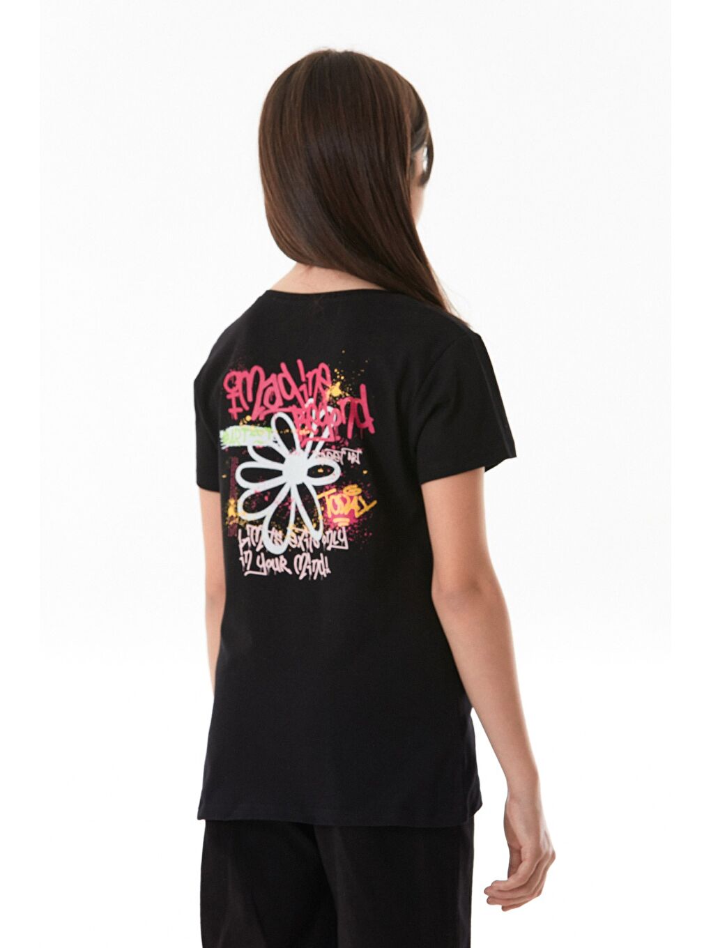 Siyah %100 Pamuk Yazı Baskılı Kız Çocuk Bisiklet Yaka Tişört-3