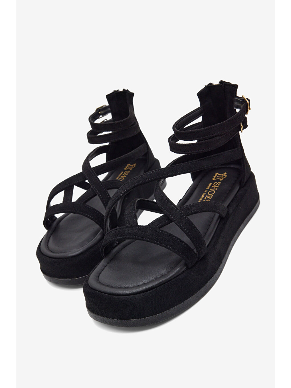 Kadın Siyah Süet Rahat Kalıp Çapraz Bantlı Çift Kemerli Sandalet-1