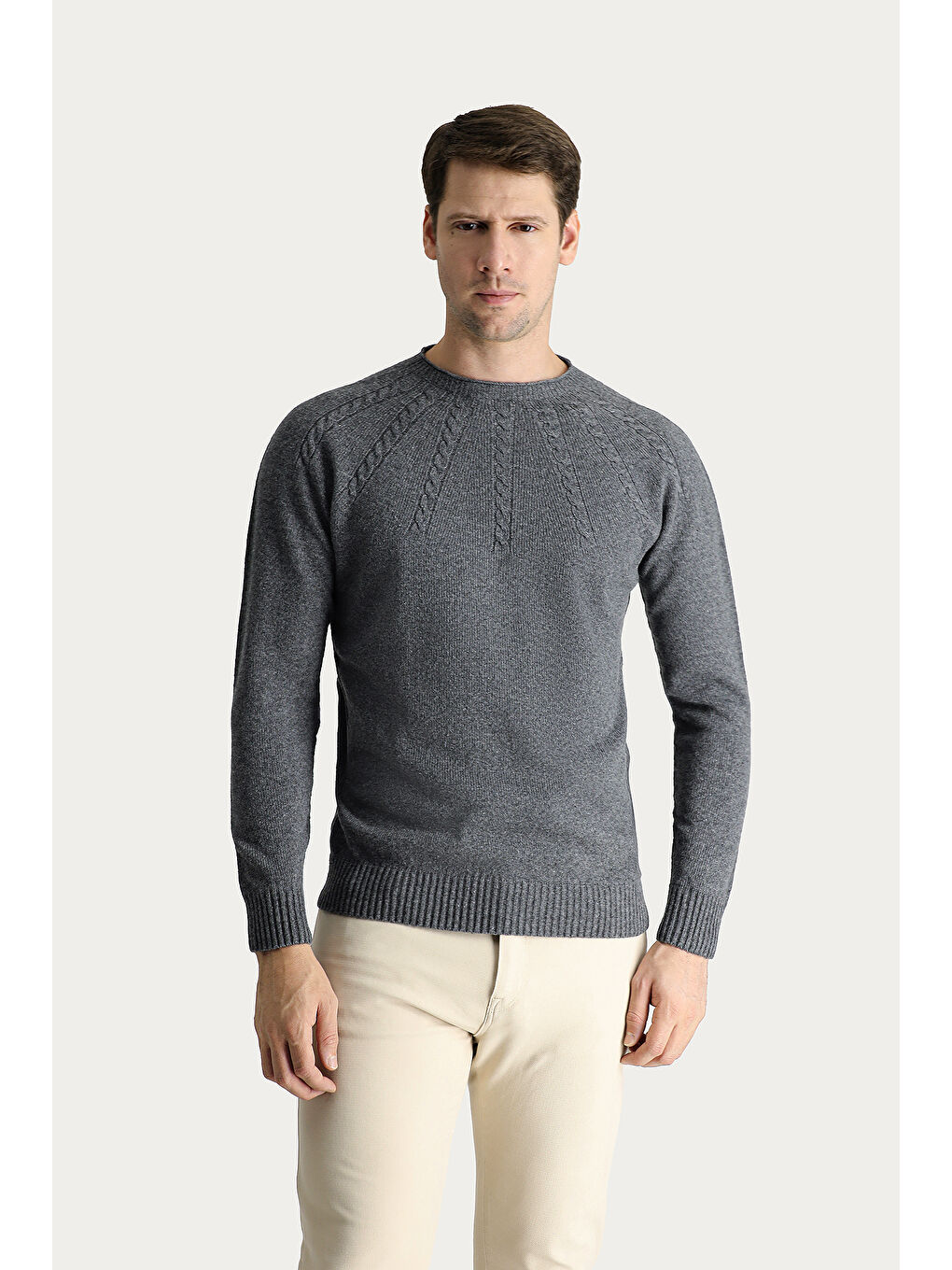 Gri Bato Yaka Slim Fit Dar Kesim Dikişsiz Desenli Triko Büyük Beden Kazak-1