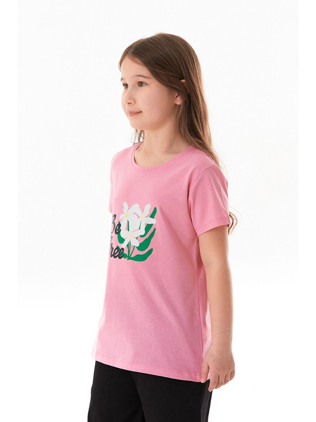 Pembe %100 Pamuk Önü Ve Arkası Çiçek Baskılı Kız Çocuk Tişört-2