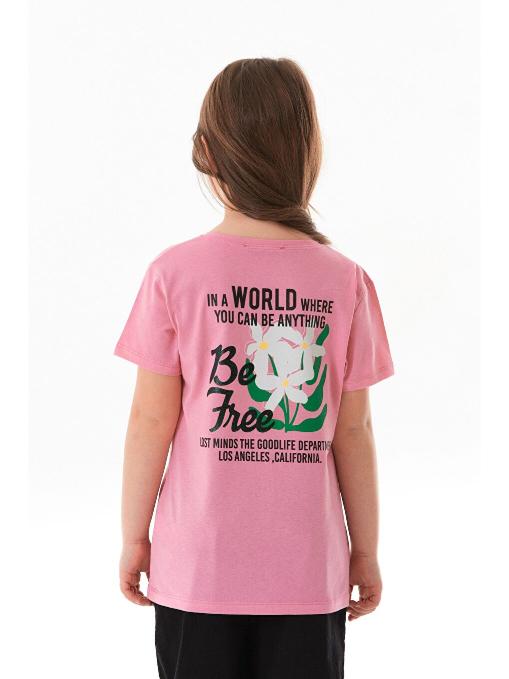 Pembe %100 Pamuk Önü Ve Arkası Çiçek Baskılı Kız Çocuk Tişört-3