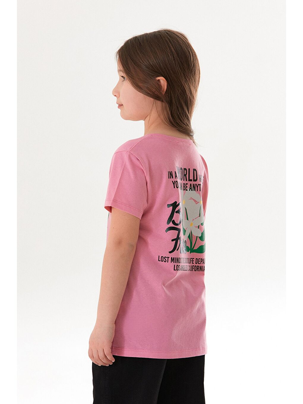 Pembe %100 Pamuk Önü Ve Arkası Çiçek Baskılı Kız Çocuk Tişört-4