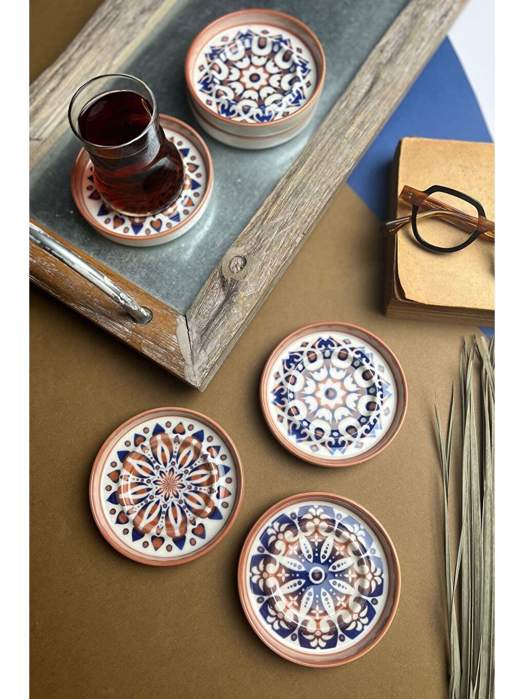 TABAK EVİ Beyaz-Renklibaskı Stoneware Mozaik Red Sefa 6 lı Çay Tabağı 10cm